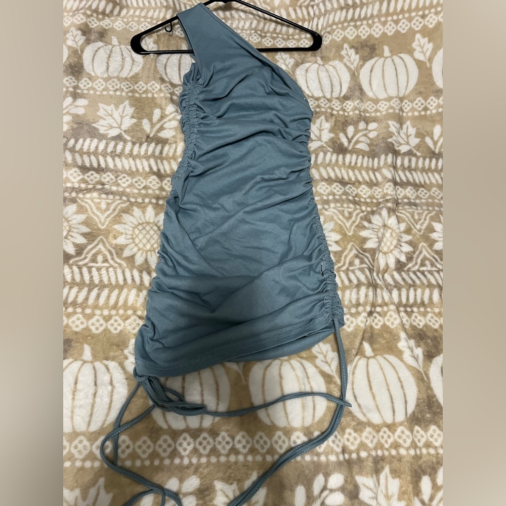 Light blue one shoulder scrunch dress. super comfortable and only worn once